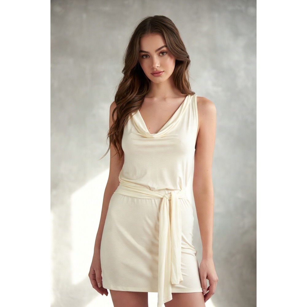 Hal Rubenstein Cowl Neck Belted Dress Womens M Ivory Minimalist Quiet Luxury